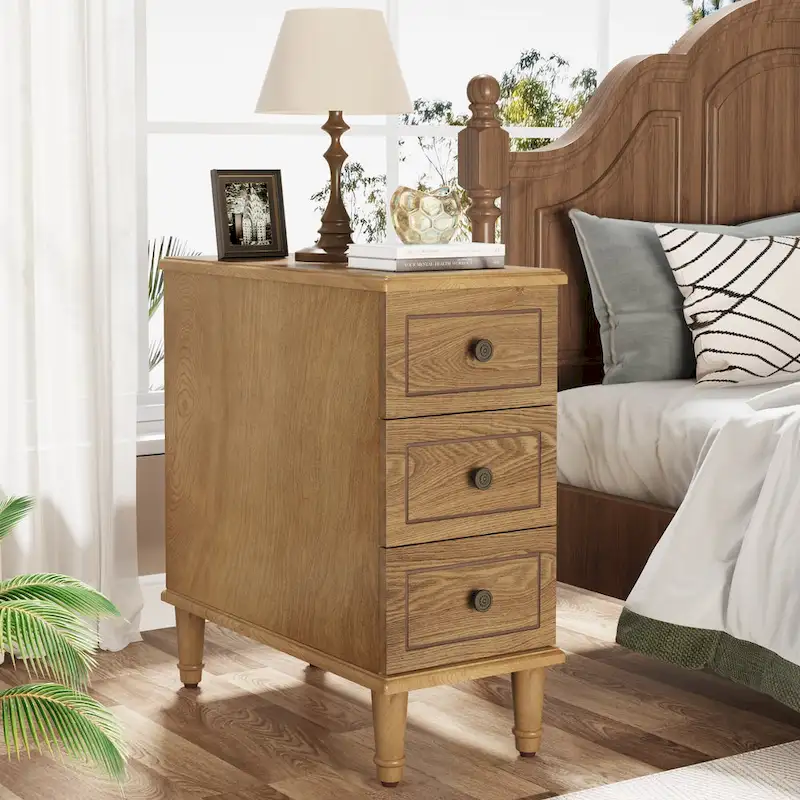 Solid Wood End Table with 3 Drawers, Fully Assembled Narrow Side Table