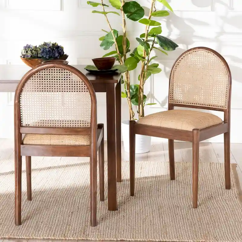 Maryland Modern Bohemian Natural Rattan and Acacia Wood 2-Piece Dining Chair Set