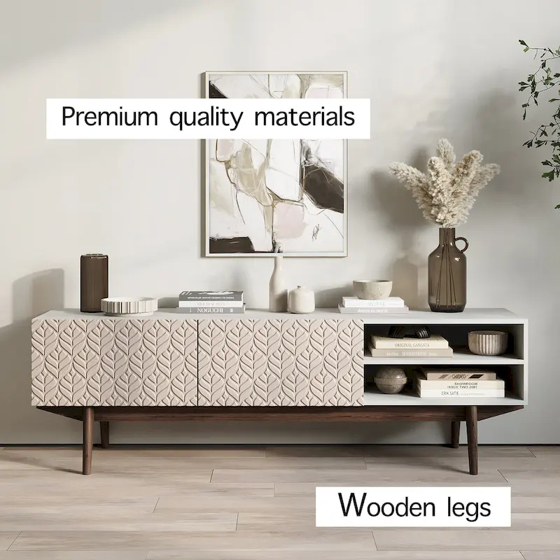 TV Stand Console Fits TV's up to 65 in. with Wood Legs in Mid Century Modern Scandinavian Design