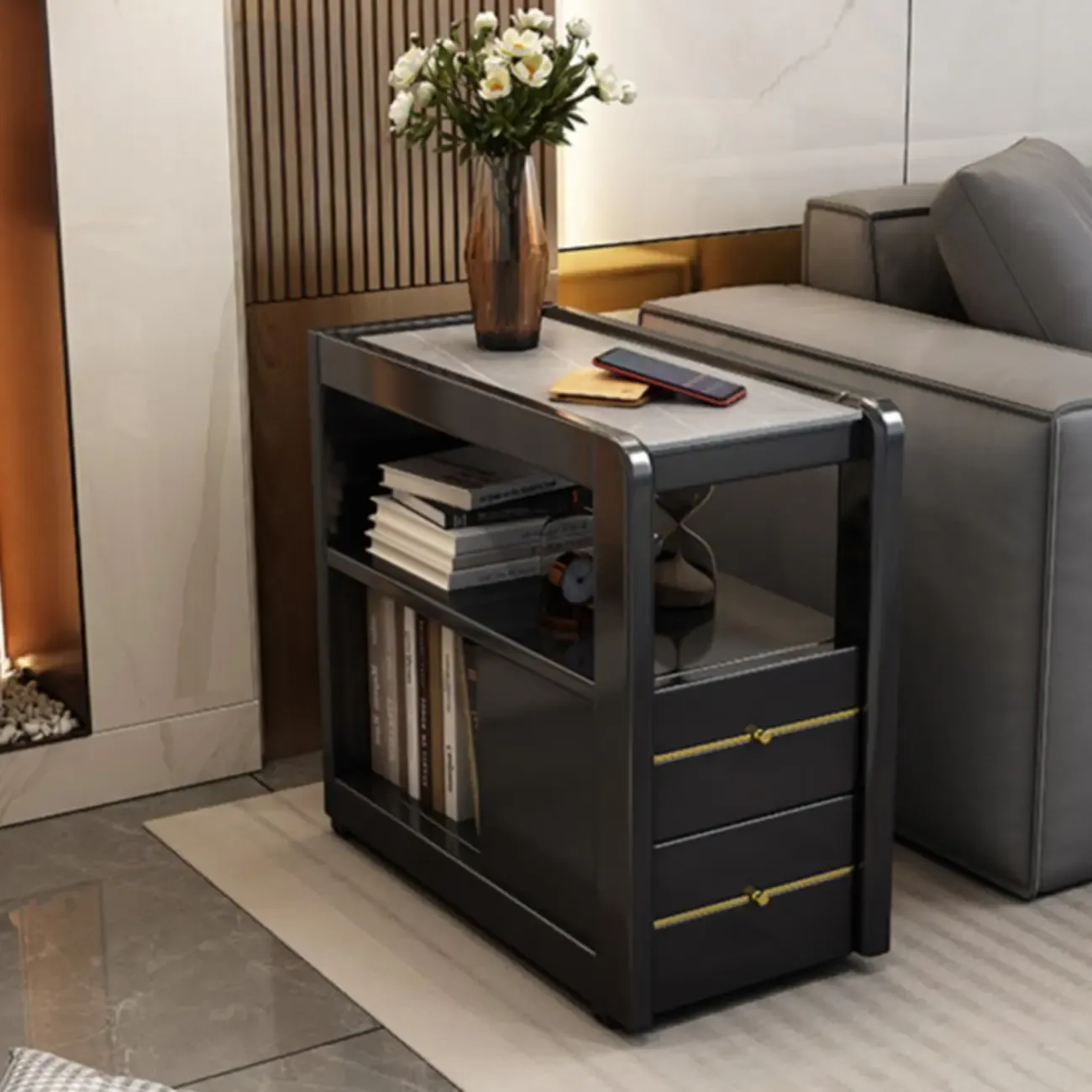 Narrow Sintered Stone Top Wheeled Side Table with Drawers