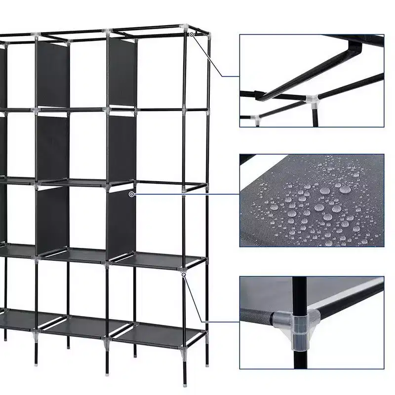 Karl Home 12-Cube Portable Closet Wardrobe with 2 Hanging Rods & 4 Side Pockets, 4-Tier Non-Woven Fabric Storage Organizer Grey