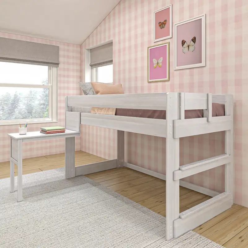 Modern Farmhouse Twin Low Loft Bed with Hook-On Desk – Solid Wood, 400 lb Capacity