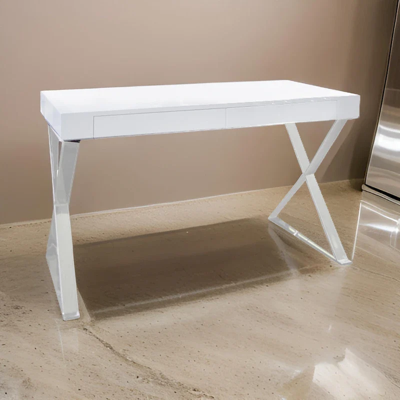 47-Inch Office Desk, White Wood Top, 2 Drawers, X Polished Steel Legs