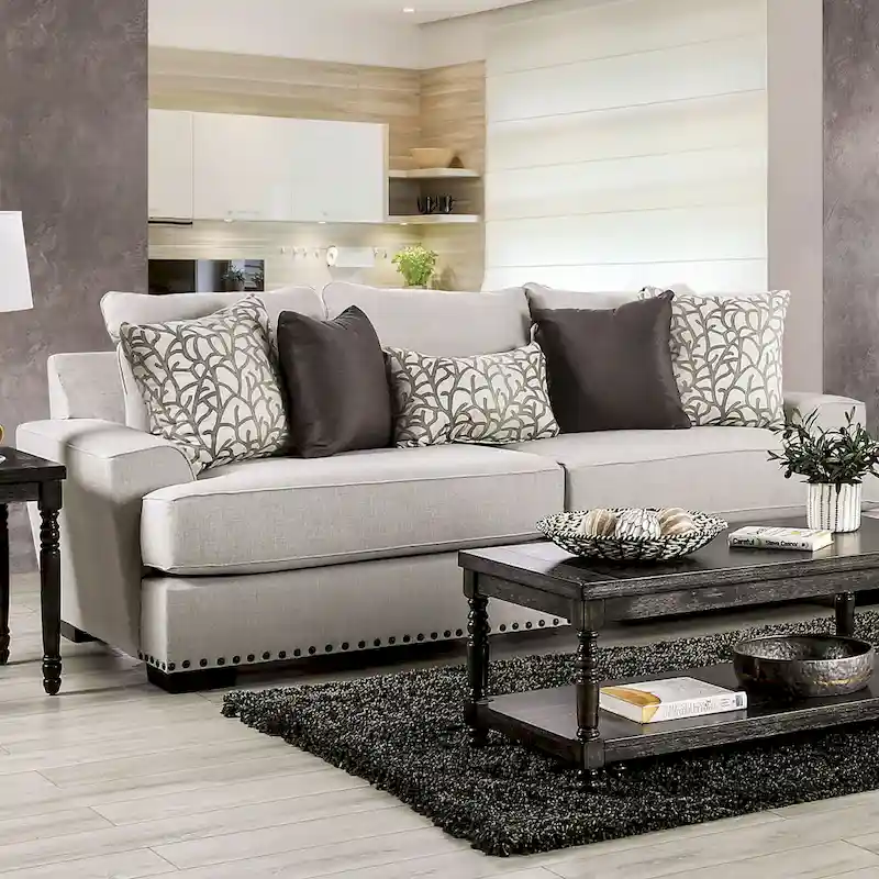 Light Grey Fabric 3-Seater Sofa with Nailhead Trim & Accent Pillows, Transitional Style
