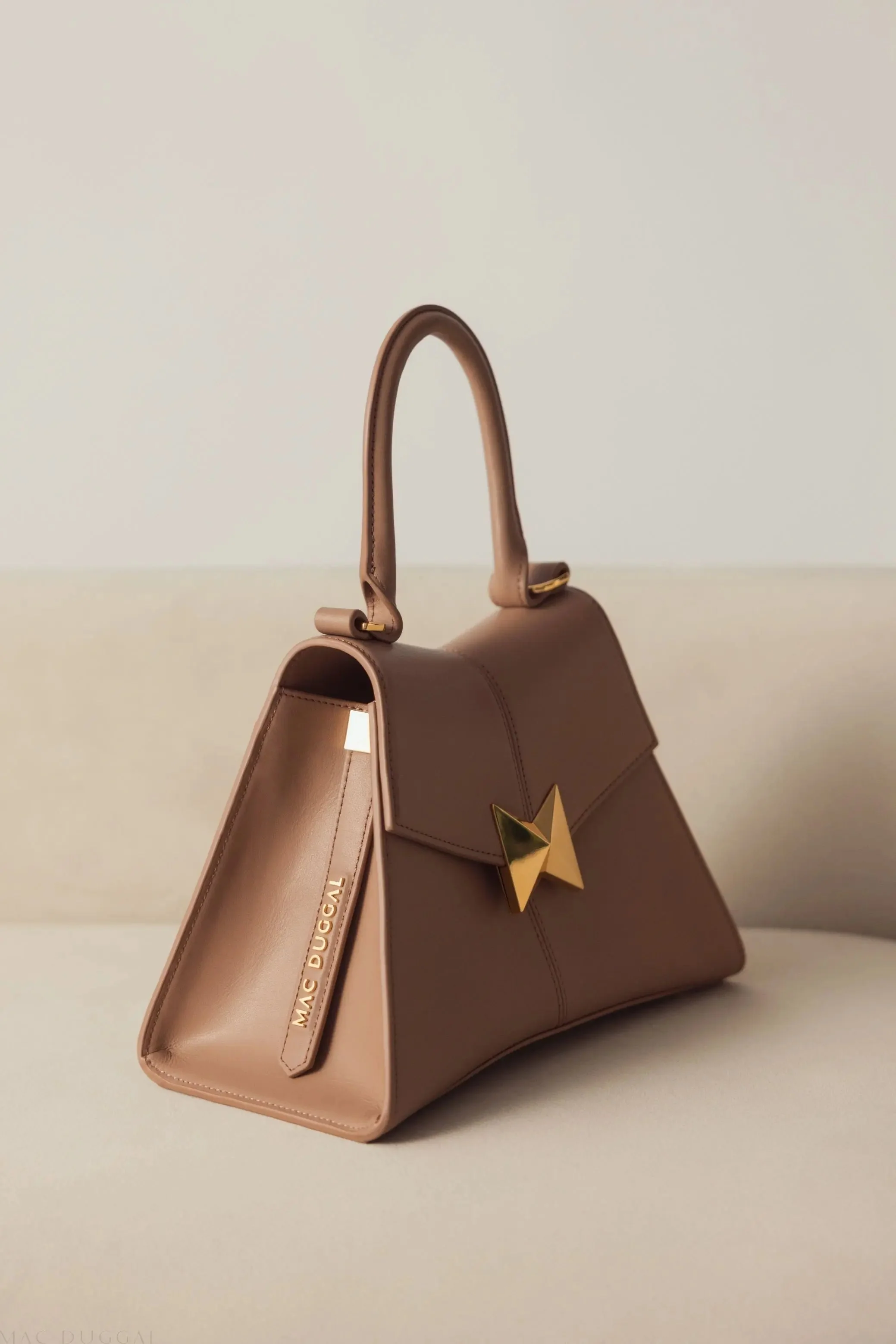 Brown Angular Small Leather Handbag With Gold Hardware