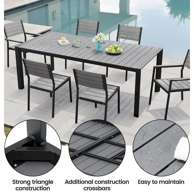 7-Piece Patio Dining Set Aluminum Dining Table with Umbrella Hole and Stackable Chairs