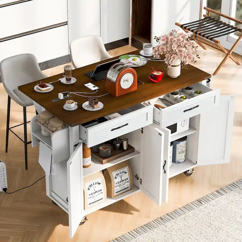53.5 Farmhouse Kitchen Island - Power Outlet, Drop Leaf, Spice Rack, Drawer, Rolling Cart on Wheels