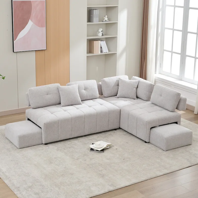 91.73 L-Shaped 4-Seat Sectional Sofa with 2 Hidden Stools, 2 Removable Lumbar Cushions, and Durable Chenille Fabric