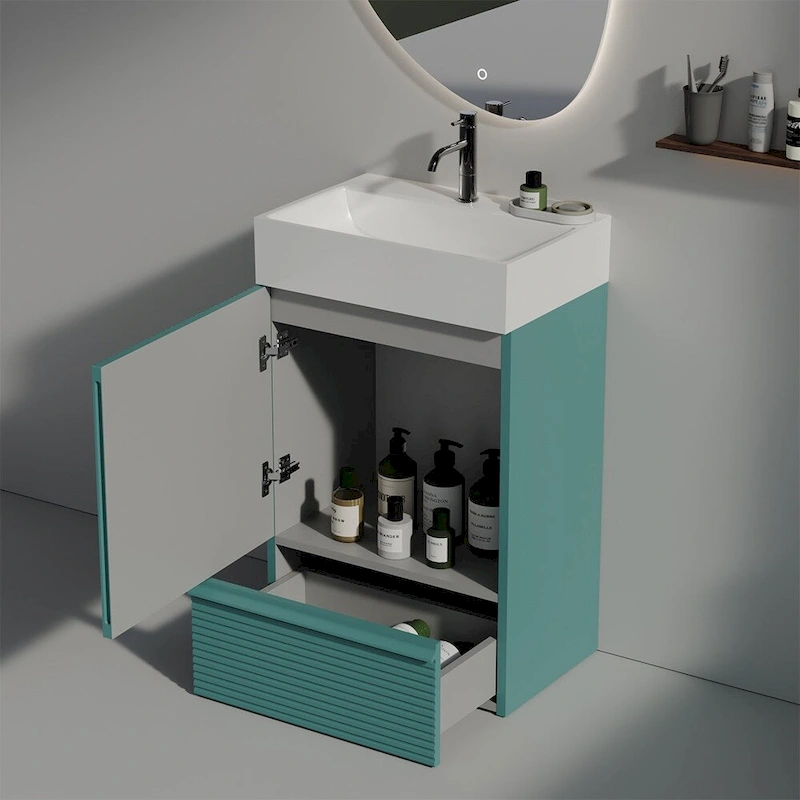 Single Sink Bathroom Vanity, Modern Grille-patterned Freestanding Vanity With Hidden Handle, Wood Bathroom Cabinet