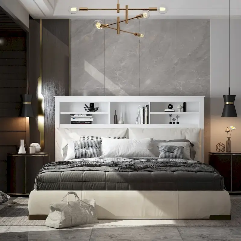 65Timechee Queen Bookcase Headboard RGB Light Adjustable Shelf