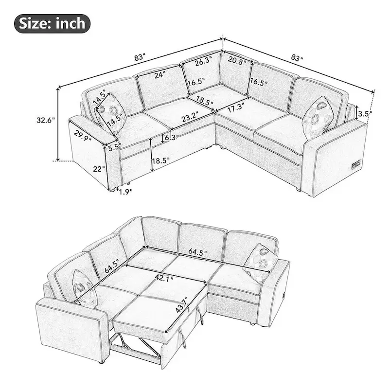 L-Shaped Reversible Chaise Sectional Sofa Pull Out Sofa Bed