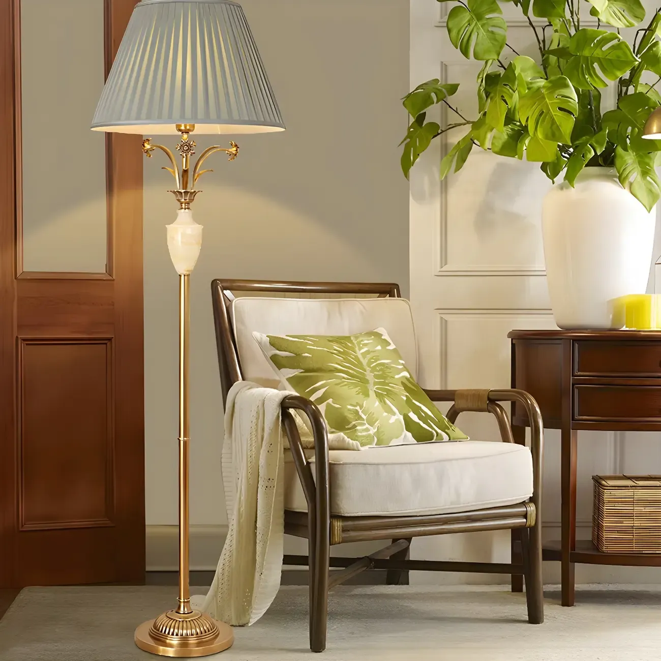 Retro Green Metal Floor Lamp with Brass Base