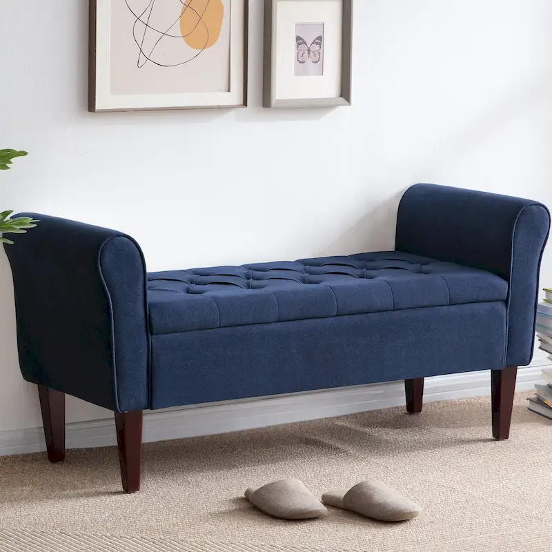 Dark Blue / Grey / Beige / Brown / Tan Fabric Storage Ottoman Bench, Seats 2-3