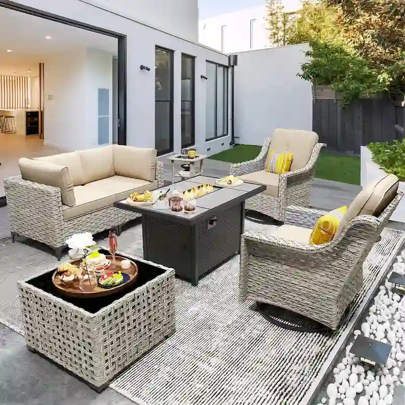 OVIOS 7 Pieces Outdoor Wicker Furniture Set With Solar-Powered Coffee Table&Fire Pit