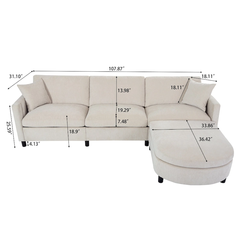 Beige 107.87 Spacious 4-Seater Sofa with Movable Ottoman