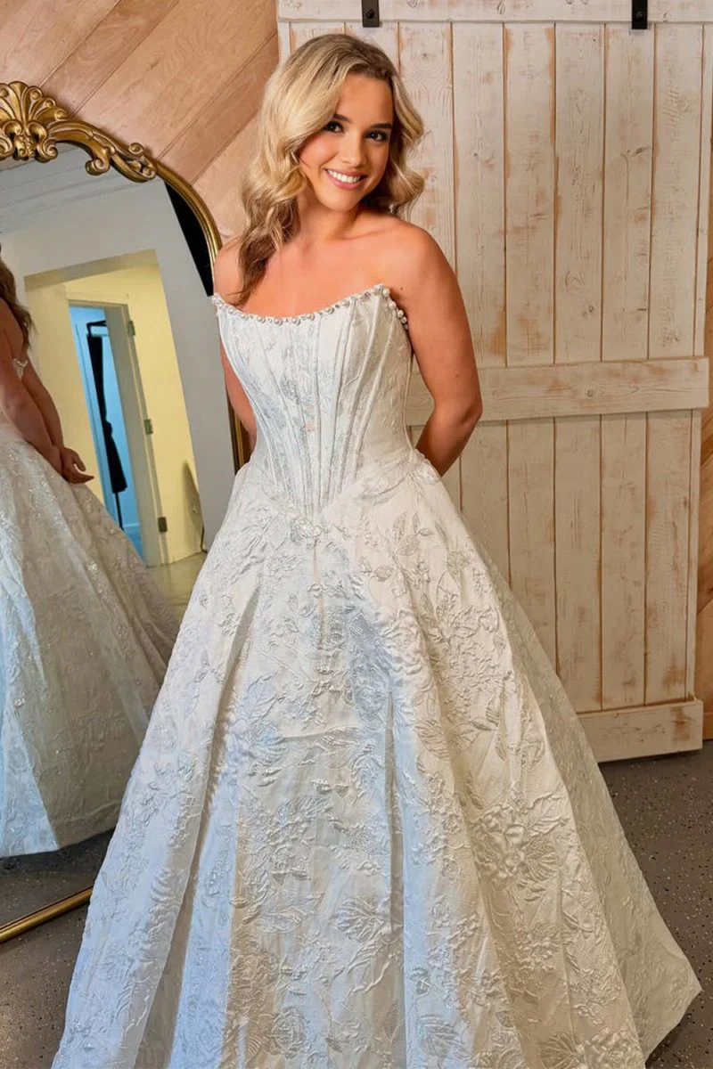 White - A Line Strapless Jacquard Long Prom Dresses