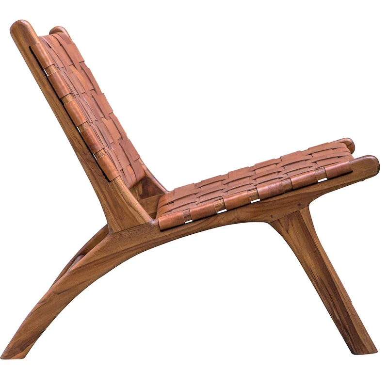 Natural Cognac Woven Leather & Teak Accent Chair, 1-Seater