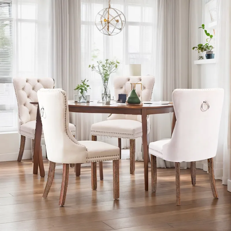 Set of 2 Velvet Dining Chairs,Tufted Solid Wood Armless Chairs Accent Chair with Nailhead Trim and Back Ring Pull