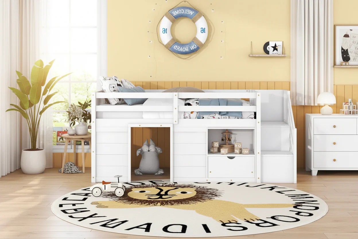 White Twin Solid Wood Low Loft Bed with Storage Staircase & Drawer | Kids