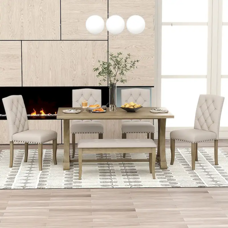 6-Piece Farmhouse Dining Table, Rectangular Trestle Table and 4 Upholstered Chairs & Bench