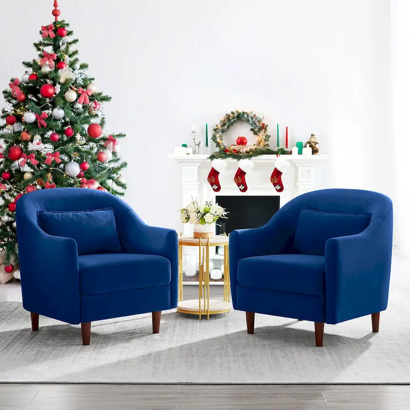 28.34W Set Of 2 Accent Armchair, Velvet Barrel Chair with Solid Wood Legs