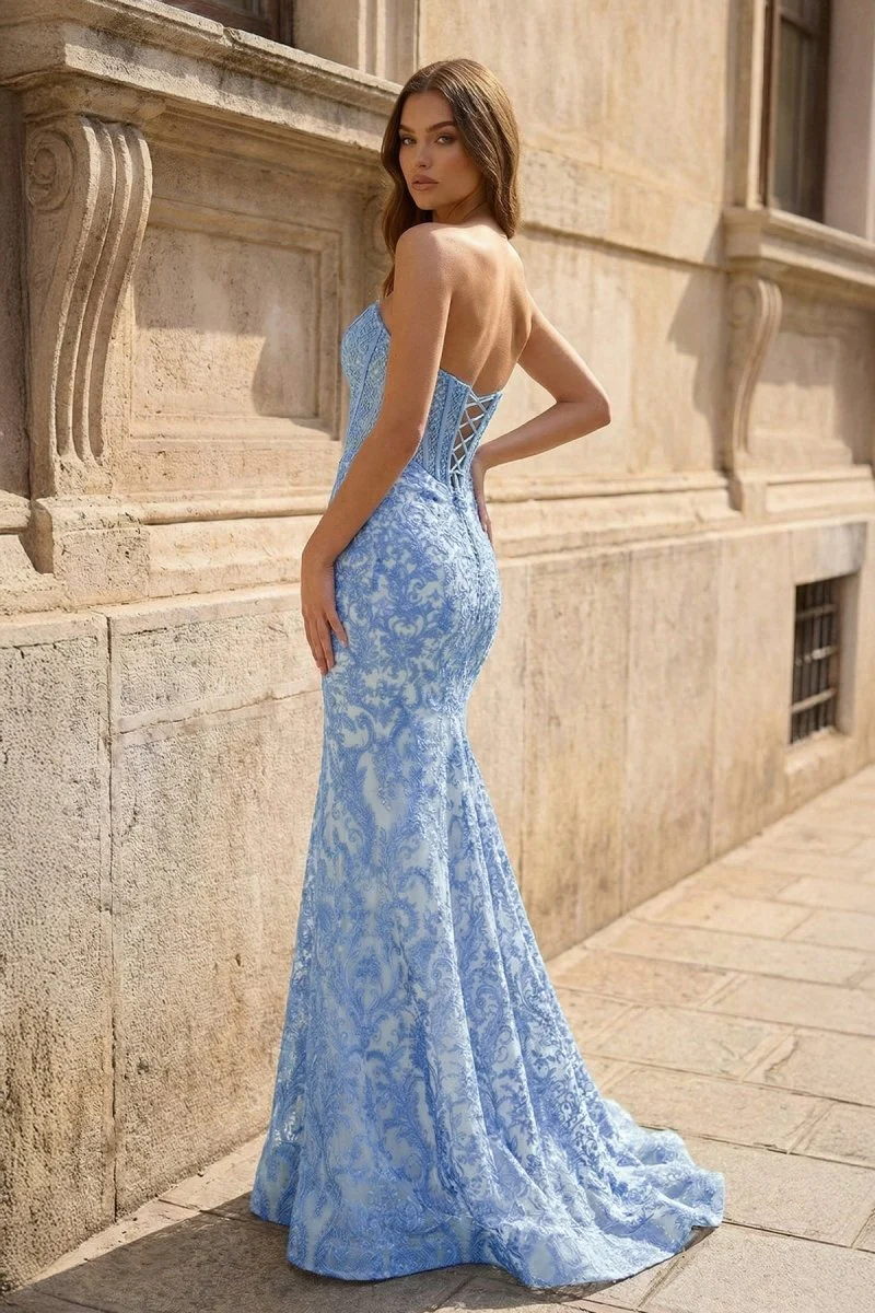 Blue Strapless Mermaid Lace Long Prom Dresses With Beading