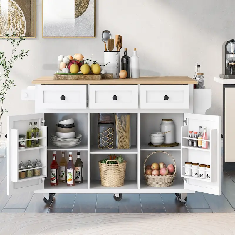 Kitchen Island Cart with Drop-Leaf, Storage Drawers and Locking Wheels