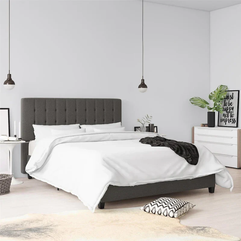 Grey Linen / Black Faux Leather Square Tufted Upholstered Bed Frame with Wood Slats – 1 to 2-Sleeper