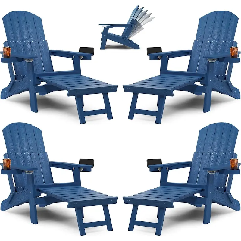 WINSOON All Weather HIPS Folding Adirondack Chair 5-Gear Adjustable Backrest Chairs with Retractable Ottoman Set of 4