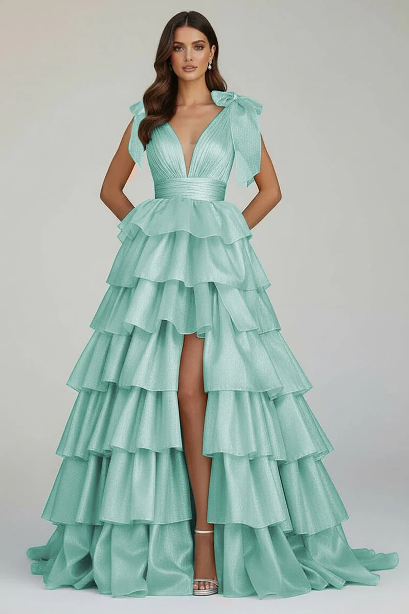 Glitter Tie Straps Pink Plunging Neck Tiered Long Prom Dress