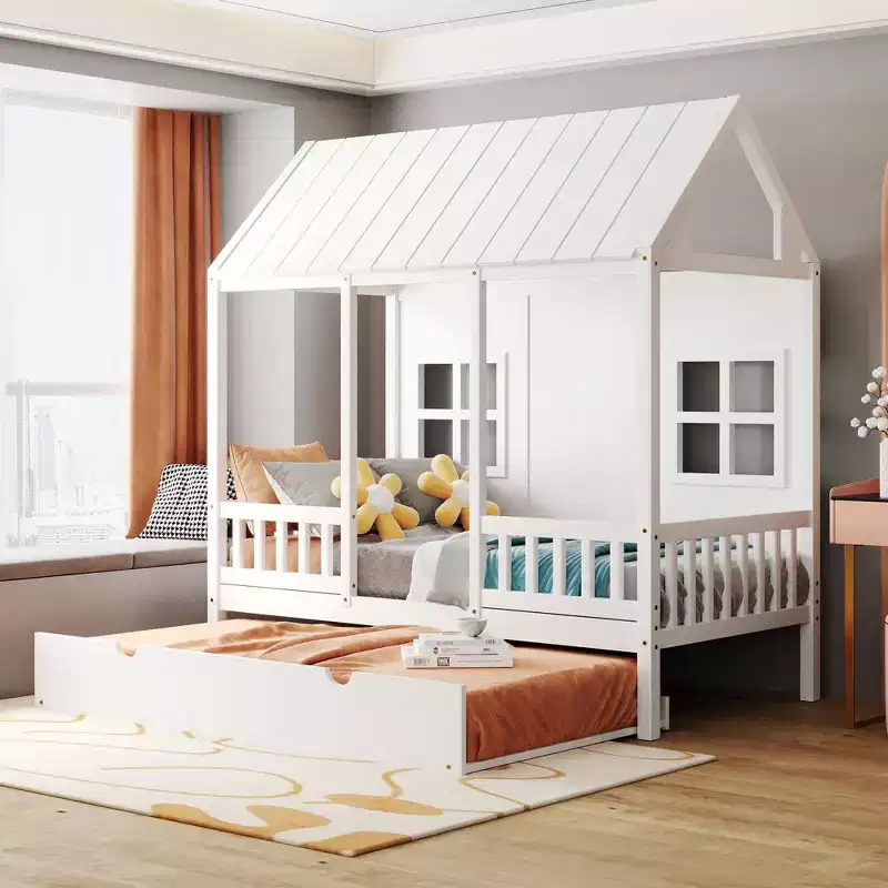 Twin/Full House Bed with Trundle, Wood Kids House Bed Frame with Roof and Windows, Playhouse Bed Frame for Boys & Girls, White