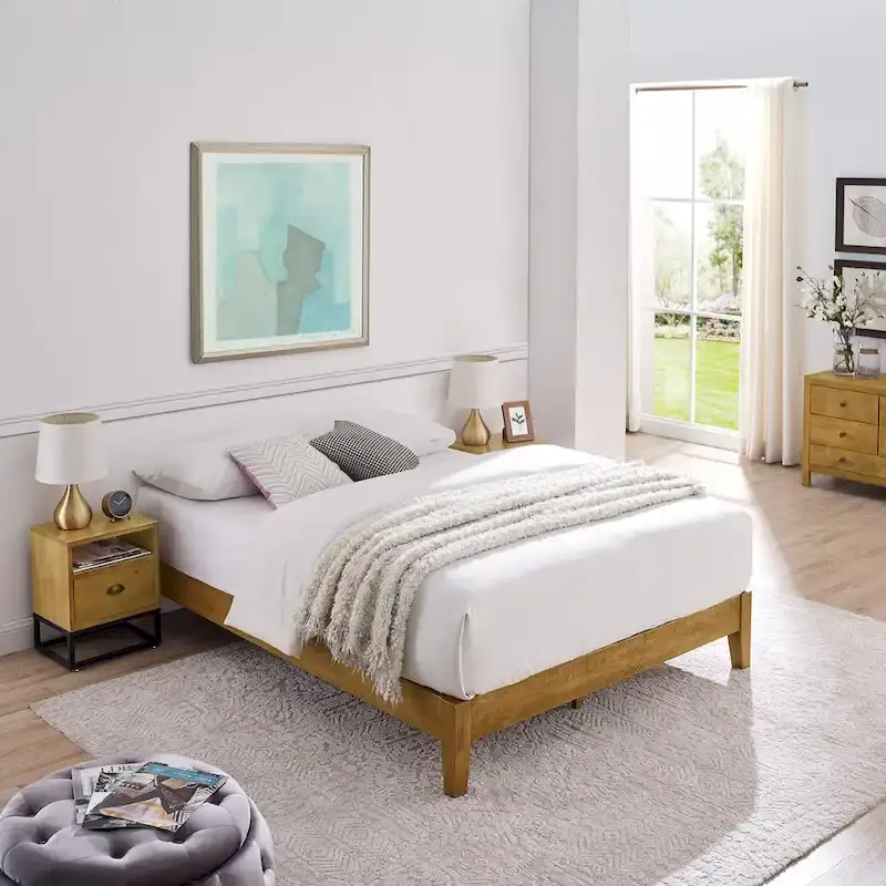 Natural Wood Mid-Century Platform Bed Frame – Full / Queen / King