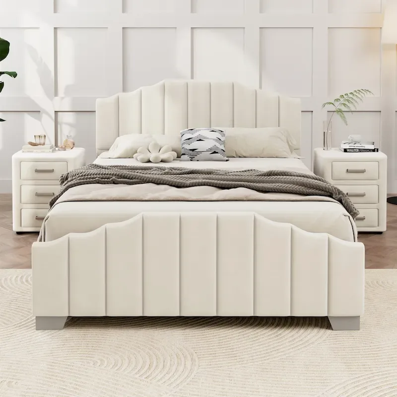 Modern King Size Bedroom Set, with Upholstered Platform Headboard and 2 3-Drawer Nightstands, No Box Spring Needed