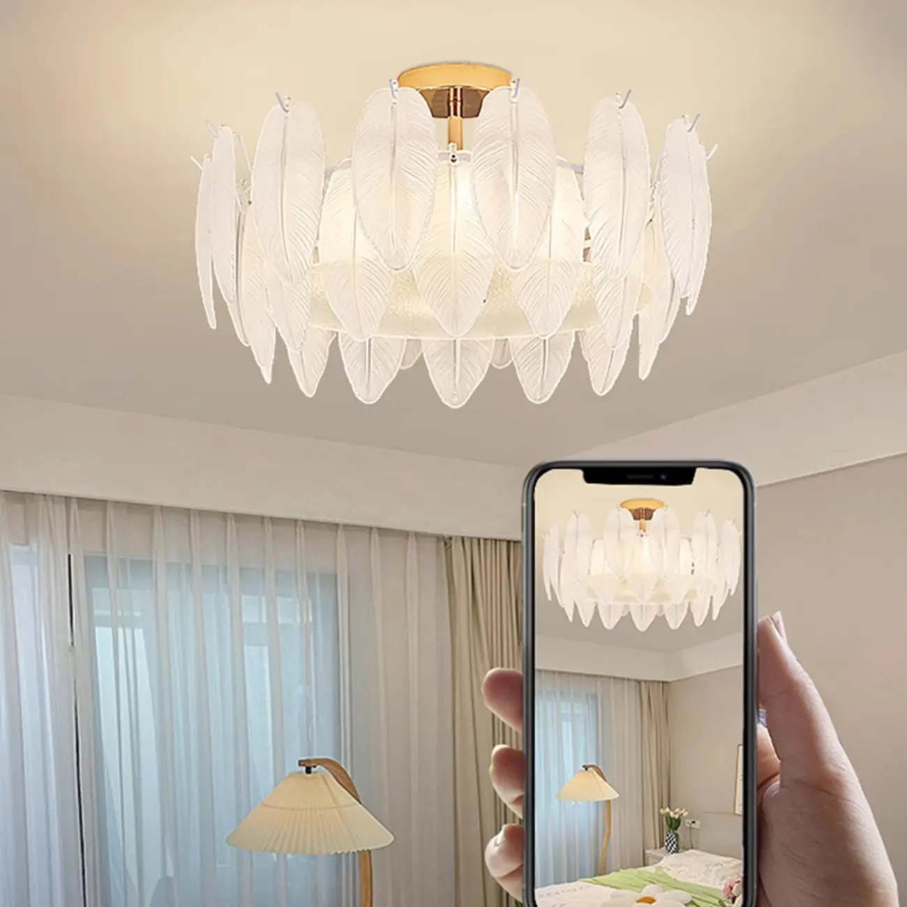 Modern Elegant Feather Glass Semi Flush Ceiling Light