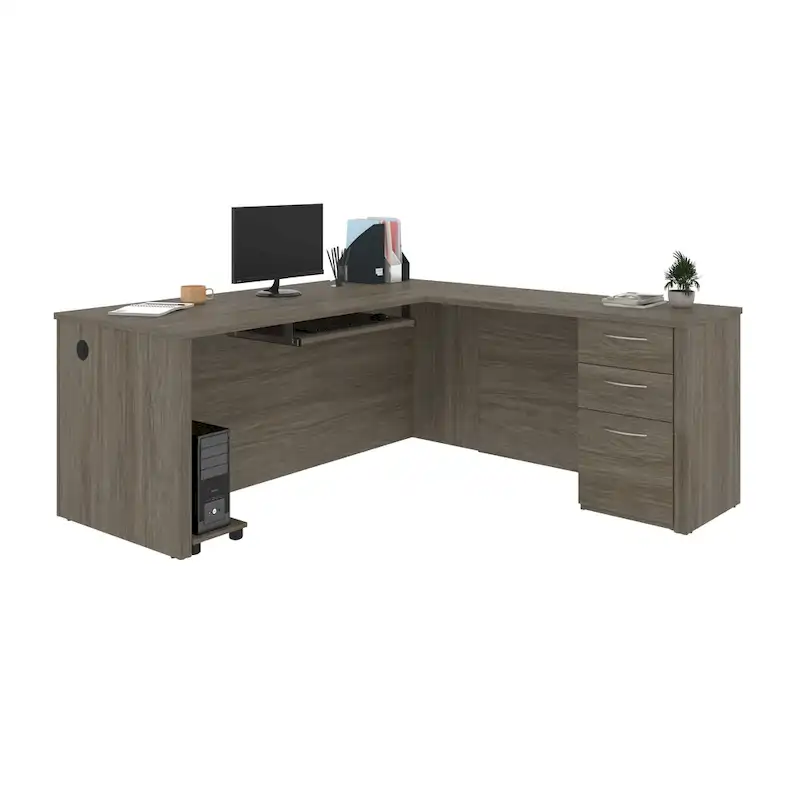 Brown L-Shaped Desk with Keyboard Tray and 3 Drawers