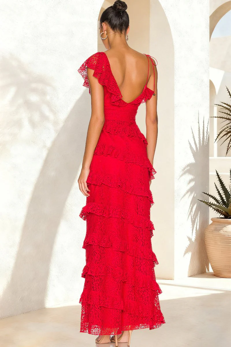 Red Sheath V Neck Lace Long Prom Dresses With Ruffles