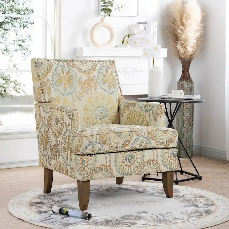 Fabric Upholstered Accent Chairs with Wood Legs