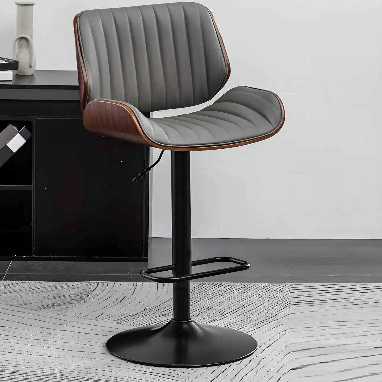 Elegant Wood Leather Red Swivel Adjustable Bar Stool