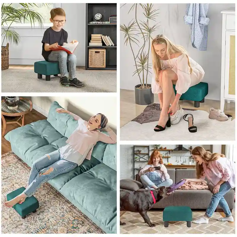 Dark Blue Linen Footrest Ottoman - Rectangle Cube Design