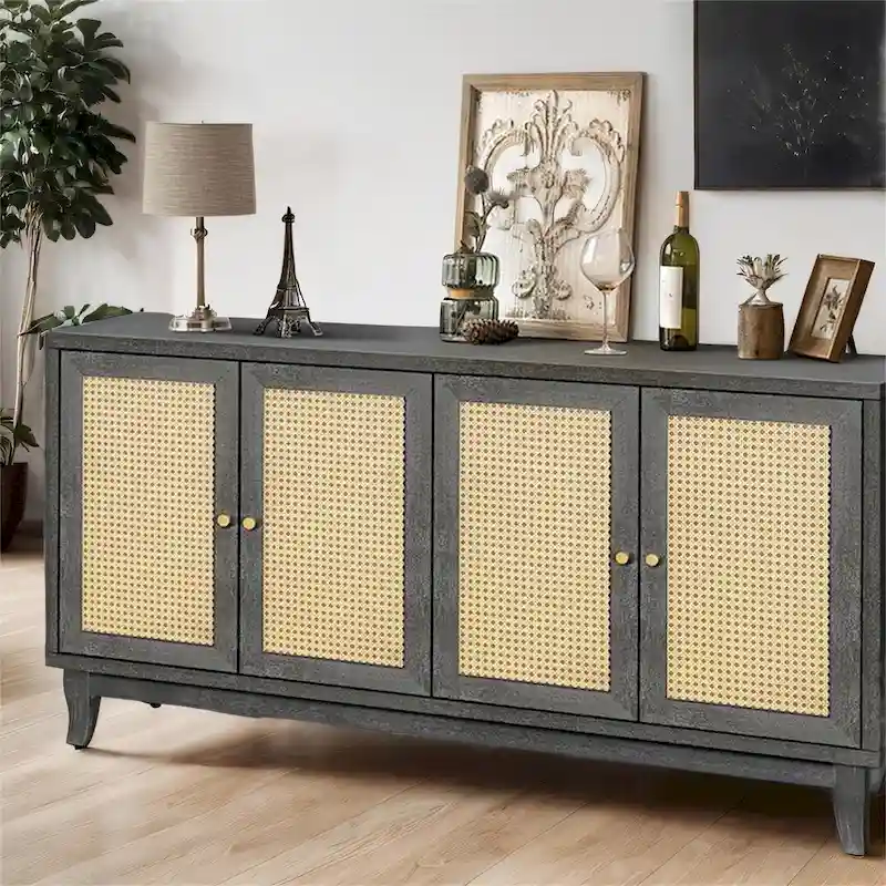 Wood Sideboard Cabinet with 4 Rattan Doors and Adjustable Shelves