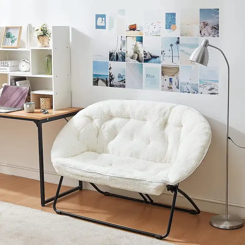 White Ivory / Black Foldable Microfiber Plush 2-Seater Sofa with Metal Frame – Seats 2