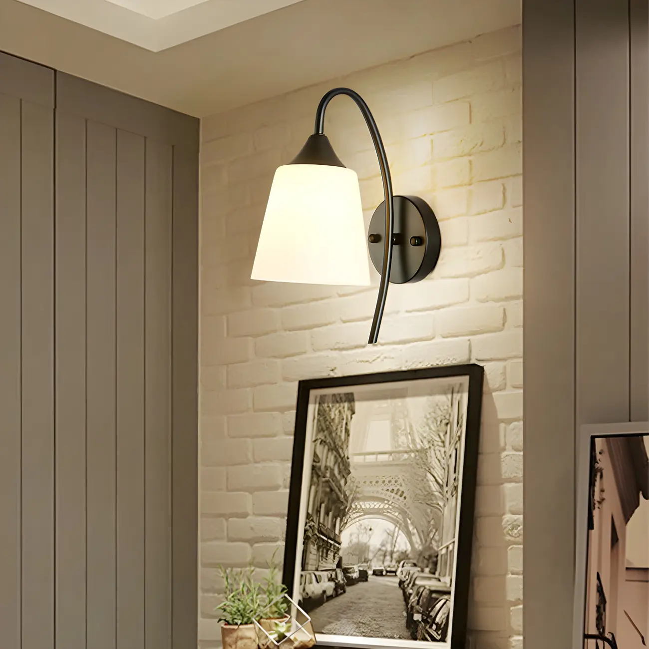 Modern Metal Black Arc Bathroom Vanity Light with Glass Shade