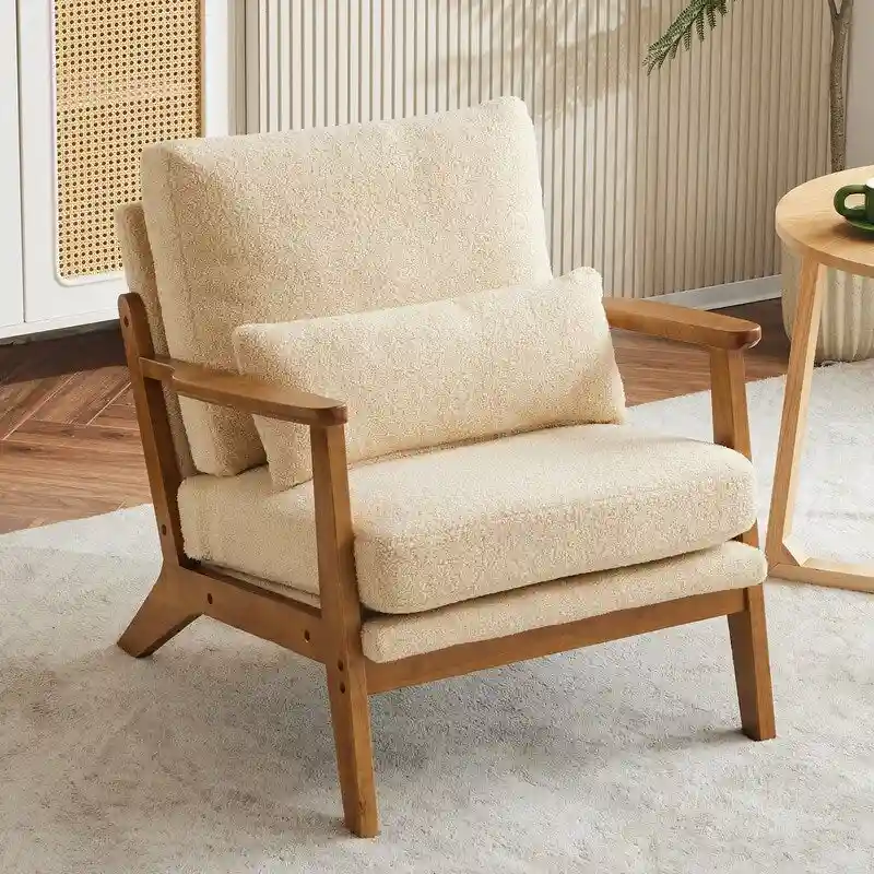 Upholstered Linen Blend Accent Chair with Wooden Legs and Pillow, Beige