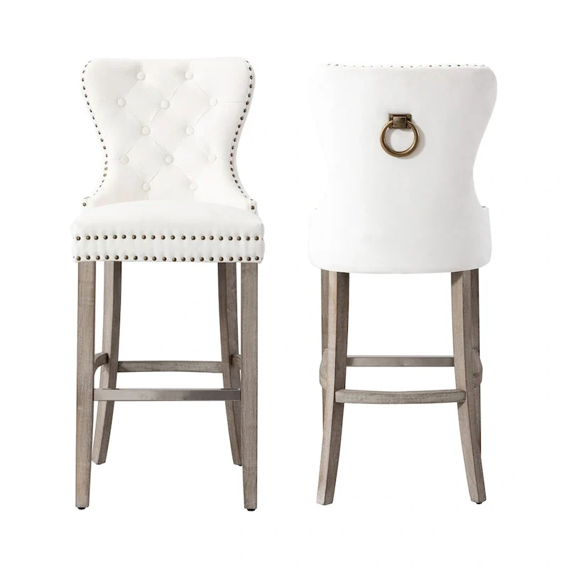 Carter 29 Wingback Tufted Nailhead Bar Stool (Set of 2), Antique Grey Legs