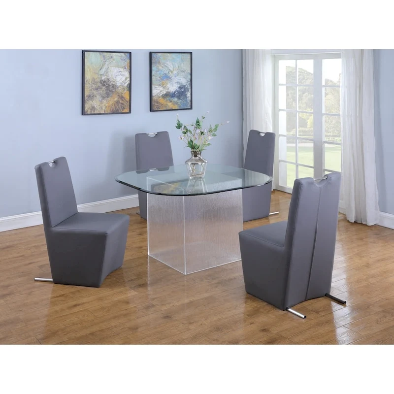 Somette Valor 5-Piece Surfboard Glass Dining Set with Grey Fully Upholstered Chairs