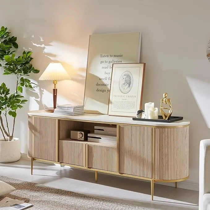 Modern Luxury TV Stand, Entertainment Cente, with Faux Marble Top