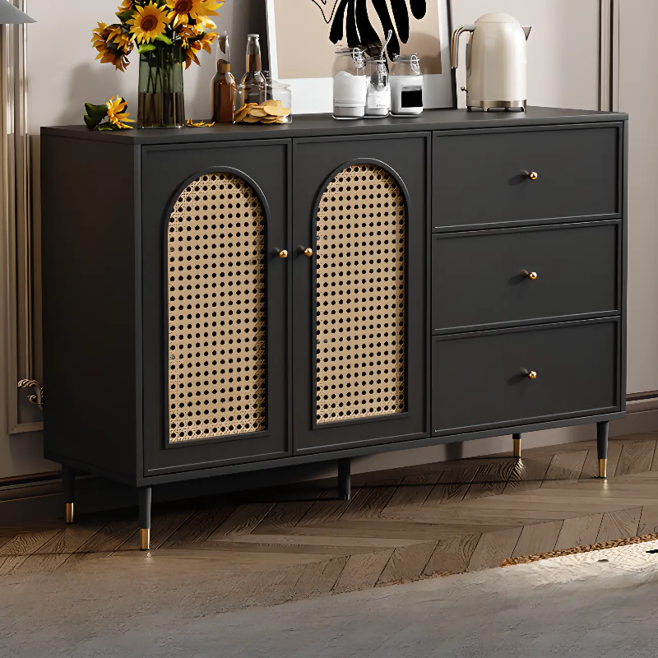 Traditional 3-Layer Rattan Wooden Black Sideboard Cabinet