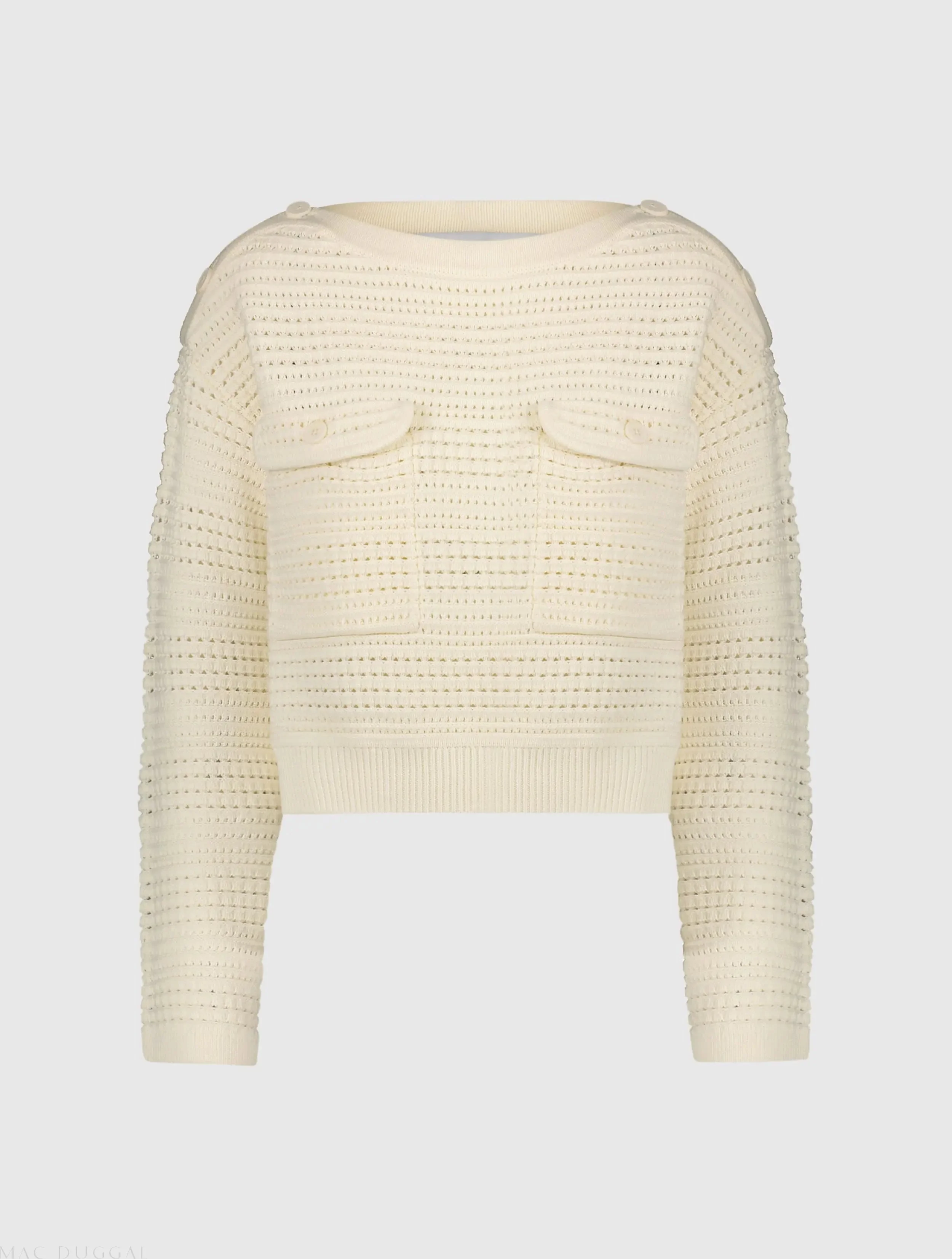 White Long Sleeve Crochet Knit Crew Neck Sweater With Pockets - FINAL SALE