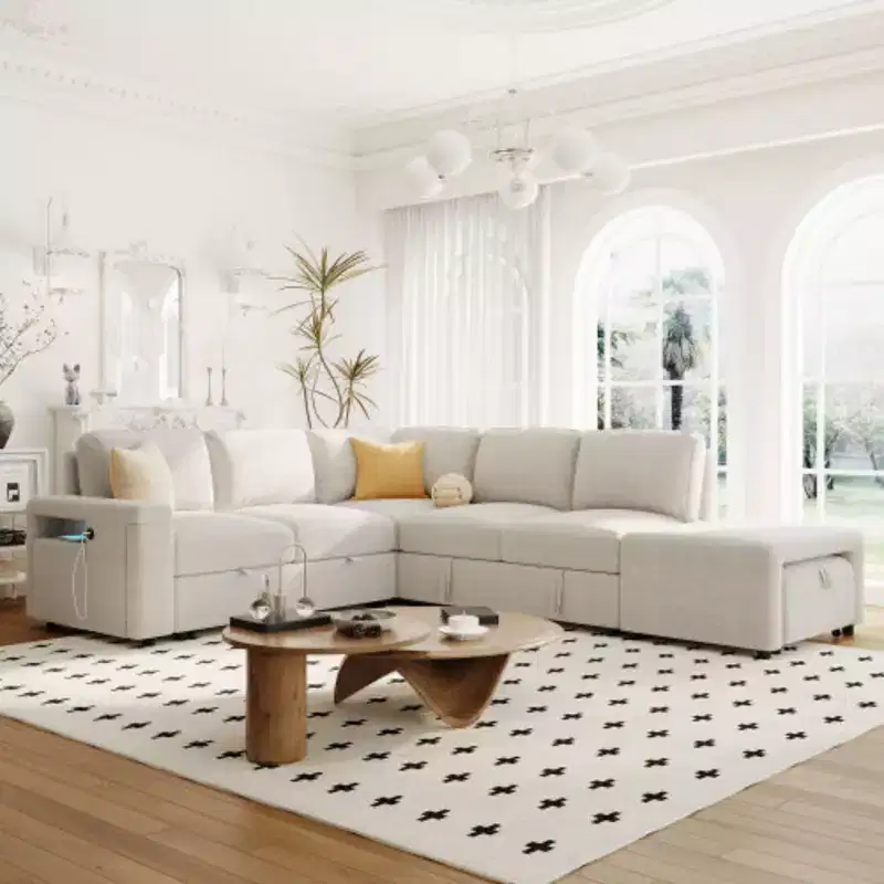 L-shaped Padded Modular Sofa with Storage Space, USB Ports, and Cup Holders on the Armrests, Suitable for Living Rooms, Offices, and Apartments.