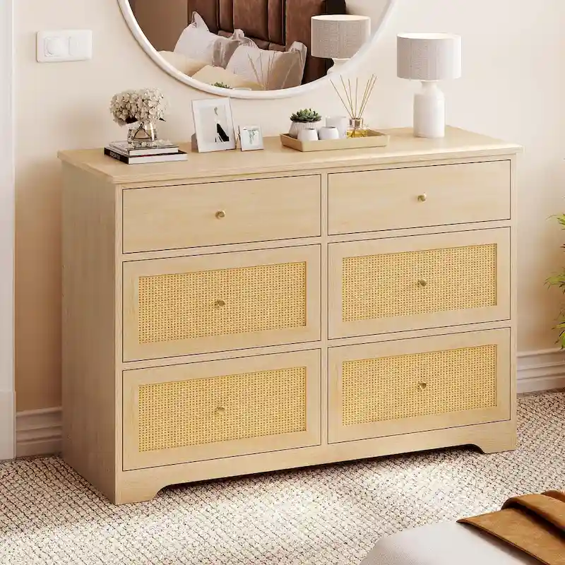 Moasis 6-Drawer Rattan Storage Chest of Drawers Cabinet Dresser